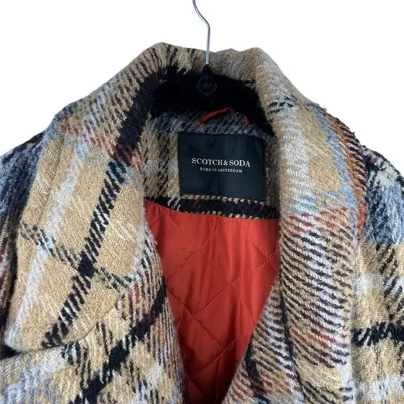 Scotch & Soda Size Large Coat Button Front Wool Blend Winter Tan Brown Blue - Picture 2 of 6